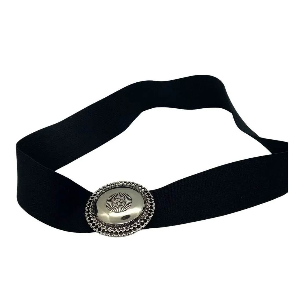Elastic Belt Retro 80s Rocker Vintage Women's Black Silver Tone Buckle size M/L